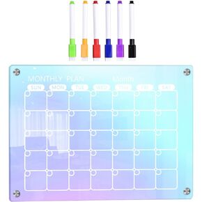 Yardwe Magnetic Calendar for Refrigerator, Acrylic Fridge Calendar Dry Erase Board Set, Monthly Weekly Magnetic Whiteboard Acrylic Calendar, 6 Markers