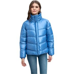 CRISSREXO Women's Quilted Shiny Puffer Jacket Metallic Winter Warm Zip Up Long Sleeve Stand Collar Padded Short Bubble Coat
