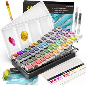 Emooqi Watercolor Paint Set, 48 Colors Including 6 Metallic Colors in Portable Box, Travel Watercolor Set with Watercolor Papers and Brushes, Water Color Kits for Beginners & Artists