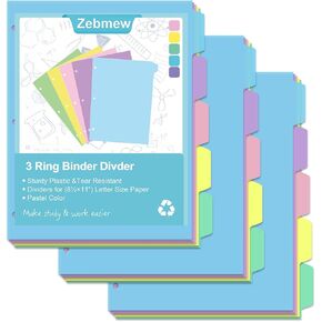 Binder Dividers with Tabs, Plastic Pastel 6 Sets of 8Tab, Colorful, for 3 Ring Binder, 8.5 x 11 inches(48)