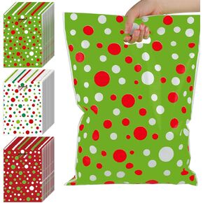Jetec 200 Pcs Jumbo Red Green Christmas Gift Bags Bulk 17 x 12 Inch Large Plastic Christmas Goody Gift Bags Lime Green Design with Handles for Funny Party Favor Bags Xmas Party Decoration