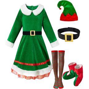 Kids Girls Costume Elf Christmas Dress Cosplay Outfit Dress with Hat Belt Socks Shoes