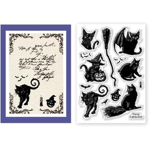 CHGCRAFT Halloween Black Cats Brooms Clear Stamps Lovely Cat Background Transparent Silicone Seals Stamp for Card Making Decoration DIY Crafts 8.3x5.8inch