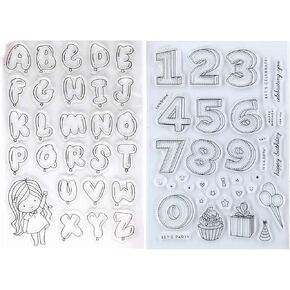 Kwan Crafts 2 Sheets Different Style Birthday Balloons Letters Numbers Cake Clear Stamps for Card Making Decoration and DIY Scrapbooking