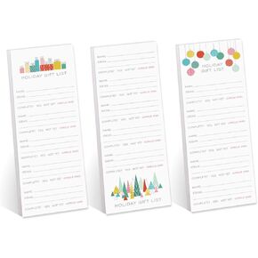 Modern Holiday Gift Checklist Assortment/Set of 3 Colorful Christmas List Note Pads / 3" x 8" Gift Trackers / 50 Sheets Per Pad/Made in USA