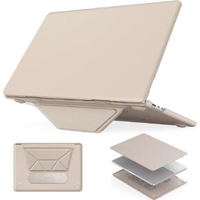 HXCASEAC Case Compatible with MacBook Air 15 inch Case 2024 2023 with Foldable Stand, Anti-Scratching Protective Hard Shell Cover for M3 M2 A3114, A2941 PU Leather, Cream