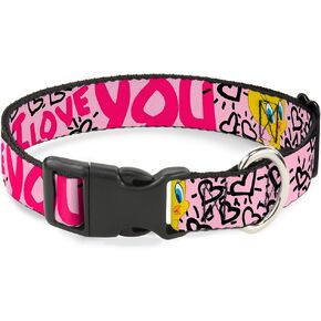 Buckle-Down Plastic Clip Collar - Tweety Bird I LOVE YOU Pink/Black - 1/2" Wide - Fits 8-12" Neck - Medium