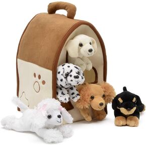 Plush Dog House -Five (5) Stuffed Animal Dogs (Dalmation, Yellow Lab, Rottweiler, Poodle, Cocker Spaniel) in Play Dog House Carrying House