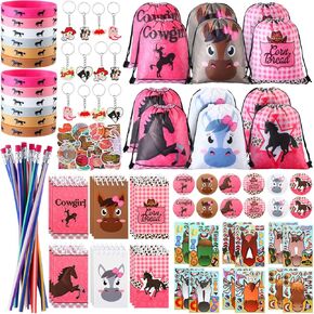 Liliful 140 Pcs Horse Themed Party Favor Supplies with Drawstring Bag Keychain Rubber Wristbands Badges Puzzle Stickers Horse Stickers Notepads Soft Pencils for Horse Party Decoration