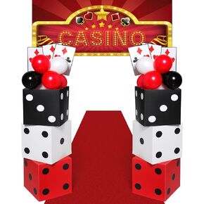 62 Pcs Casino Theme Favor Boxes Party Decorations Set 11 Inch Dice Favor Boxes Jumbo Poker Cards Red Black White Balloon Banner Runners Supply for Casino Birthday Holiday Party Decoration