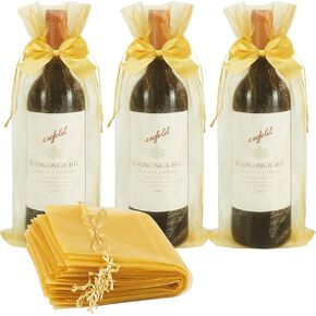 Celebration party gift packaging Organza Wine Bags 20 Pcs Drawstring Bottle Bags with Bow Sheer Wine Gift Pouches for Wedding Baby Shower Christmas Holiday Party (14.3x6.1inch) (Gold)