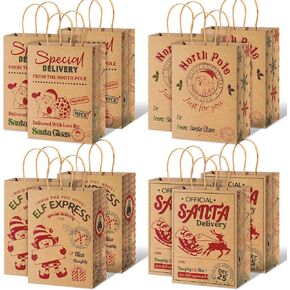 Zonon 24 Pieces Christmas Red Green Kraft Gift Bags Christmas Cartoon Goodie Paper Bags Xmas Special Delivery Bags with Handles Santa Candy Treat Bag for Holiday Favor Party Supplies (Cute Style)