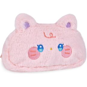 FlYlGO Cute Soft Pencil/Pen Pouch Cosmetic Bag, Kawaii Cartoon Plush Stationery Bag Fuzzy Portable Pencil Case Desk Organizer (Pink Cat)
