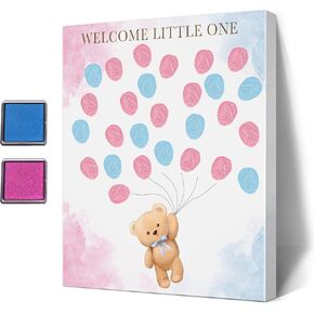 UBLURO Bear Theme Fingerprint Guestbook, Baby Shower Guest Book Fingerprint Tree Canvas- Boy or Girl Gender Reveal Supplies, Decorations,Personalized Alternative Guest Book