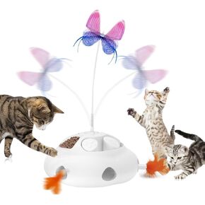 Interactive Cat Toy for Indoor Cat, Crazydeer 4 in 1 Cat Treat Puzzle Toy with Ambush Feather Wand, Motorized Fluttering Butterfly and Cat Snack Feeder, Rechargeable Power Feather Toys for Cats(White)