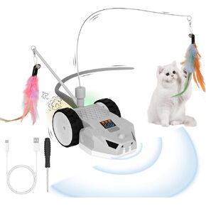 Interactive Cat Toys for Indoor Cats - Smart Moving Electric Mouse with Remote Control, Feather Tail, and Rechargeable Battery - Automatic Play for Bored Kittens and Adult Cats (White)