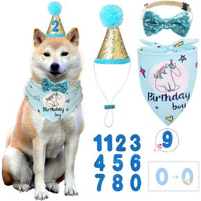BANMODER Dog Birthday Bandana,Multi Size Square Scarf,Dog Birthday Hat with Numbers,Dog Boy Birthday Party Supplies for Large X-Large Dogs