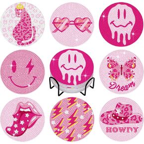 Shellwei 8 Pcs Preppy Diamond Painting Art Coasters with Holder Smile Face Pink Butterfly Diamond Painting Kit Pink DIY Crafts Coasters for Adults Beginner Gift Supplies