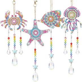 Queekay 4 Pcs Diamond Suncatcher Wind Chime Sea Animal Double Sided Crystal Rhinestone Big Gem Suncatcher Hanging Ornament for Adults Home Window Decor(Ocean Style)