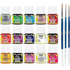 ZMR ,Pebeo Vitrea 160 Gloss Paint ,Brilliant - Made in France -Set Each Package Discovery 15 Various 1.5 fl oz 2 Pieces Pebeo Taklon Synthetic Bristle Brush Water Based Non Toksic, (ZHKZ 8893)