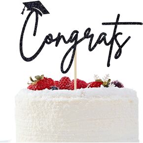 Congrats Cake Topper, Class of 2025 Congratulations Cake Topper, Congrats Grad Decorations, 2025 High School/College Graduation Party Decorations Black Glitter