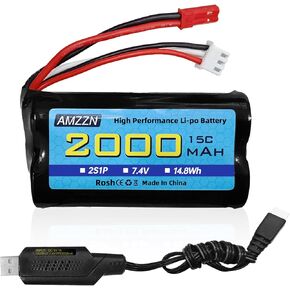 7.4V 2000mAh 15C 2S JST-2P Plug Lipo Battery with USB for UDIRC UD1601 UD1602 UD1604 SG1603 RC Cars, RC Ship RC Drone Huina Engineering Vehicle Backup Battery (1PCS Battery+1 USB)