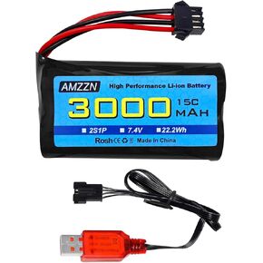 7.4V 3000mAh 15C 2S SM-4P Plug Li-ion Battery with USB Charger for EC08 DE85 RC Car, Truck RC Ship RC Drone Engineering Vehicle Backup Battery