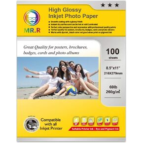 MR.R Single Side High Glossy Inkjet Photo Paper, 260gsm 69LB,8.5''x11'',100 sheets per pack