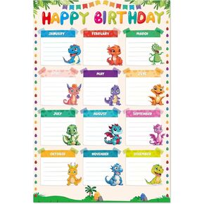 WhatSign Birthday Chart for Classroom - Dinosaur Birthday Poster Reusable Birthday Calendar Laminated Classroom Birthday Chart Classroom Bulletin Board Decorations Back to School Supplies