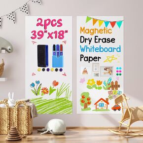 2 Pcs Magnetic Whiteboard Contact Paper, 39" x 19" Adhesive Dry Erase White Board for Wall,Peel and Stick Magnet Wallpaper for Home, Fridge, Kid’s Playroom, Office, Classroom
