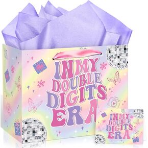 Large 10th Birthday Gift Bag for Girl Iridescent Double Digits Birthday Gift Bag with 10th Birthday Wrapping Paper and Card In My Double Digits Era Party Decor for Girls 10 Year Old Birthday