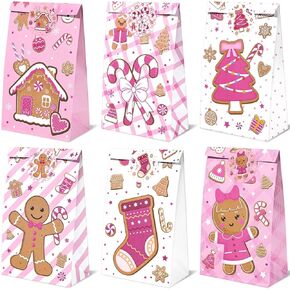 24 Pcs Christmas Paper Treat Bags Pink Brown Gingerbread Man Theme Lunch Bags Christmas Candy Goodie Bags Gingerbread Party Favor Bags with Stickers for Xmas Holiday Birthday Gift Wrapping