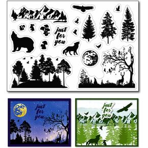 Arbuya Silhouette Woodland Clear Stamps for Card Making or Journaling, Silhouette Trees Wilda Animal Rubber Stamps Mountain Scenary Silicone Stamps for Scrapbooking Paper Crafts Decoration