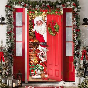 Avezano Christmas Door Cover Funny Merry Christmas Door Banner Santa Dogs Xmas Front Door Welcome Banner for Christmas Winter Decorations