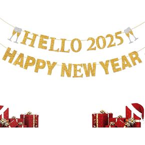 Happy New Year 2025 Banner, No DIY, Gold and Black Glittery New Year Holiday Themed Party Decorations for Mantle