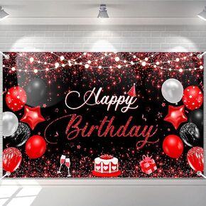 Avezano Red and Black Happy Birthday Banner for Men Women Red and Black Birthday Party Decorations Glitter Balloon Fireworks Sign Birthday Photo Backdrop 70.8 x 43.3 Inch