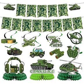 Camo Birthday Party Decorations - 13PCS Army Birthday Party Decorations Set Camo Happy Birthday Banner Hanging Swirls Honeycomb Centerpieces Decor Military Theme Party Supplies for Boys