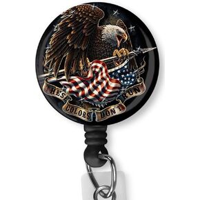 Eagle Holding The American Flag Badge Reel,Retractable Name Card Badge Holder with Alligator Clip, Medical MD RN Nurse Badge ID, Badge Holder, Black