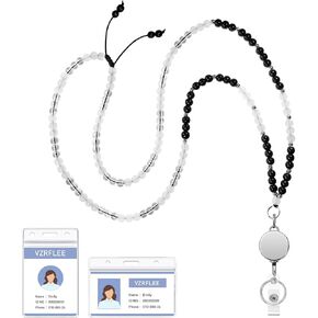 Lanyards for ID Badges, Retractable Natural Stone Beaded Teacher Lanyard with ID Holders Badge Reel Lanyard Necklace for Keys Office Cruise Nurse Women