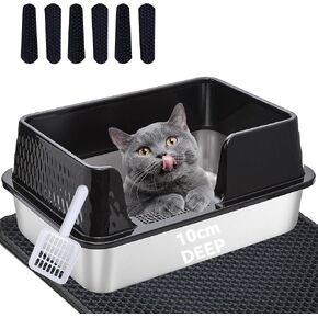 Vealind Stainless Steel Cat Litter Box High Sided Metal Cats Litter Pan Tray Enclosed with Scoop Mats, Non-Sticky Anti-Leakage Easy Cleaning Kitty Litter Boxes