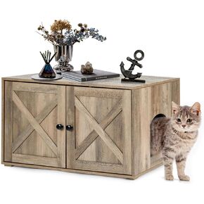 Cat Litter Box Enclosure, 32 inch Hidden Litter Box Furniture with Divider, Wooden Kitty Litter Box Cabinet End Side Table, Greige