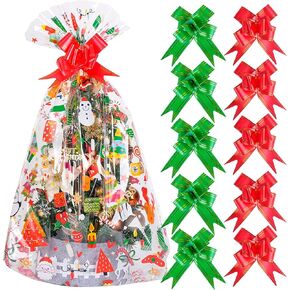 20pcs Christmas Basket Bags 24x36 inch Snowman Santa Cellophane Bags with Pull Bow Set 10 Christmas Packaging Bags 10 Ribbon Bows