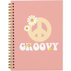 Tizzer Retro 70s Groovy Hippie Floral Peace Sign Pink Lined Hardcover College Ruled Spiral Notebook Journal for Work Notes Journaling 5.5×8.3 Inch,Gifts for Women Teen Girls