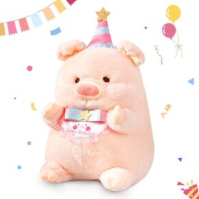PEACH CAT Pig Plush with Birthday Party Hat Wearable Bib Plushies Toy Cute Stuffed Animals Pillow Gifts for Kids Pink 12"