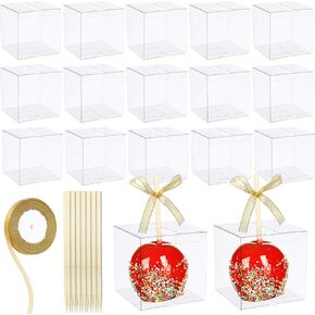Wesiti 60 Sets 4"x 4"x 4" Candy Apple Boxes for Treats Clear Candy Apple Boxes with Hole Transparent Cake Boxes with Bamboo Picks and Ribbon Plastic Apple Gift for Caramel Apple Cookies Chocolate