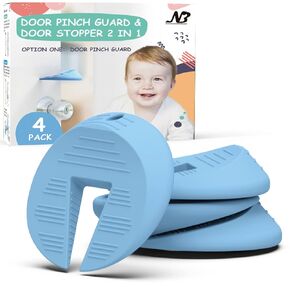 Silicone Door Pinch Guard for Kids, Child Proof Door Stoppers for Top of Door Prevents Finger Pinch Injuries, Slamming Doors. Baby Door Stopper with 4 Free Adhensive Hooks, Blue, 4 Packs