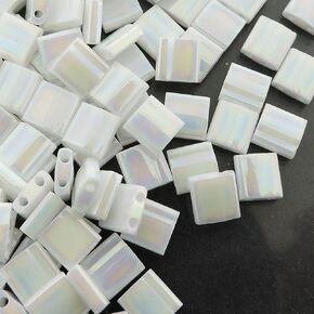 Pearl White Ab Opaque Tila Beads 7.2 Gram Tube by Miyuki are a 2 Hole Flat Square Seed Bead 5x5mm 1.9mm Thick with .8mm Holes
