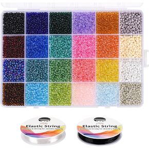 24000 Seed Beads 2mm Tube Beads Small Glass Craft Pony Beads for Embroidery DIY Crafting Jewelry Making Opaque Color Beads Include 2 Elastic Crystal Strings (24 Colors)