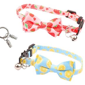 Refreshing Fruit Cat Collar with Bow Bell Detachable Adjustable Kitten Collar, Come with Pet Anti- Lost Silver Pendant ID Tags,Cute Strawberry and Lemon Patterns (2 Sets)