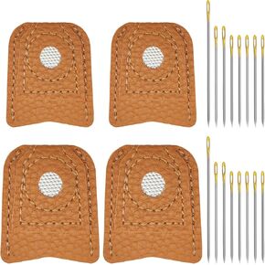 4 Pack 2 Sizes Leather Thimble Hand Sewing Thimble + 16 Pcs Multi Sizes Sewing Needles, Finger Protector Thimble Leather Coin Thimble Pads for Hand Sewing Quilting Knitting Craft DIY Tool